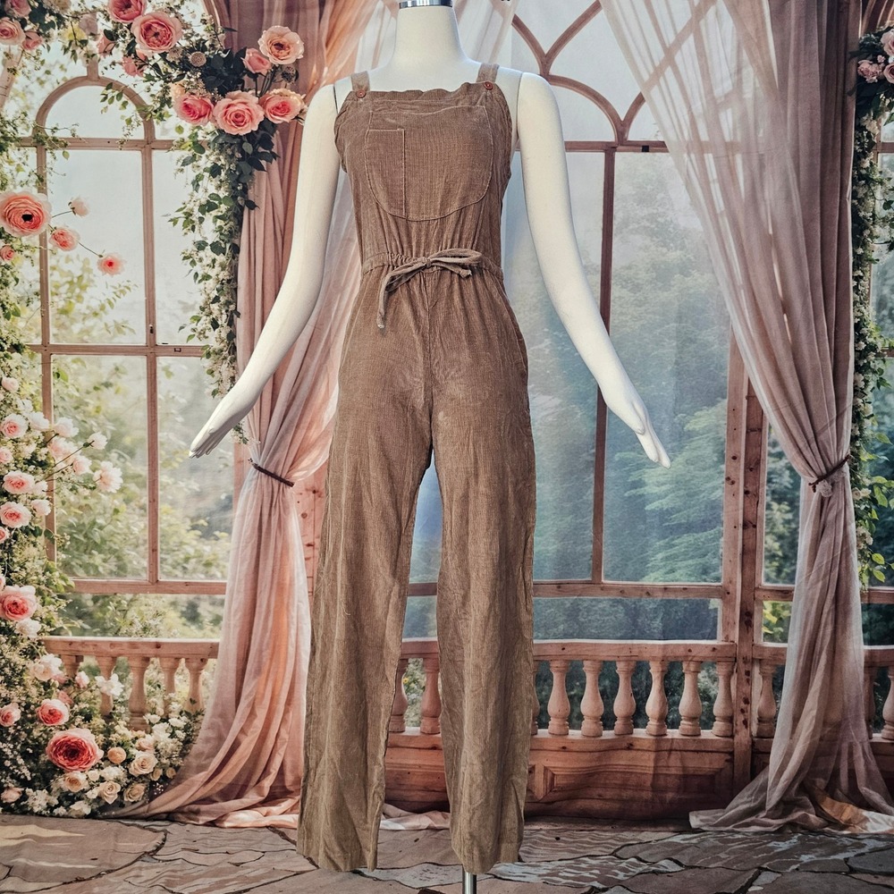 Vintage 1990's Jumpsuit Tan Corduroy Overalls Fitted Retro